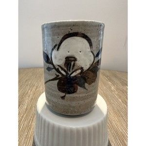 Japanese Yunomi Green Tea Cup - Gray With White Flower Blue And Brown Foliage